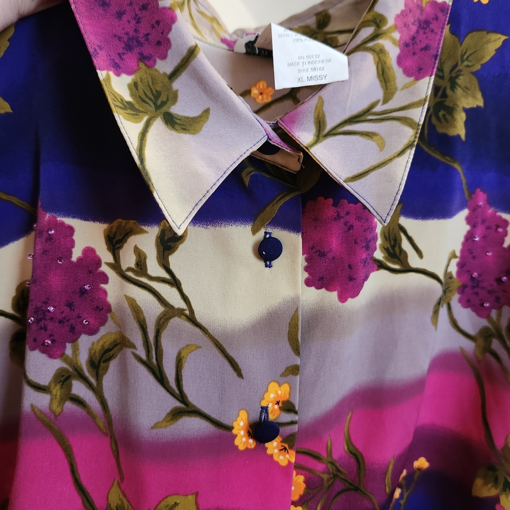 BonWorth Floral Beaded Button-Down Shirt in Purple, Hot Pink, Cream, XL - Picture 3 of 11